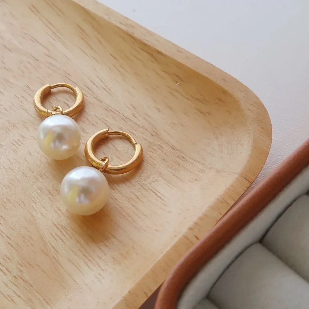 NEW 18K Gold Plated Round Pearl Drop Huggie Round Hoop Earrings